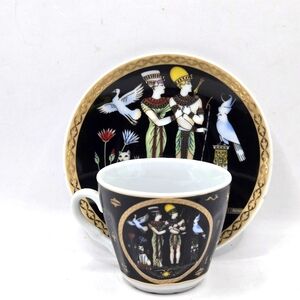 Limoges Espresso Cup and Saucer  Egypt Hieroglyphic Pharoah Gold Black Souvenir
